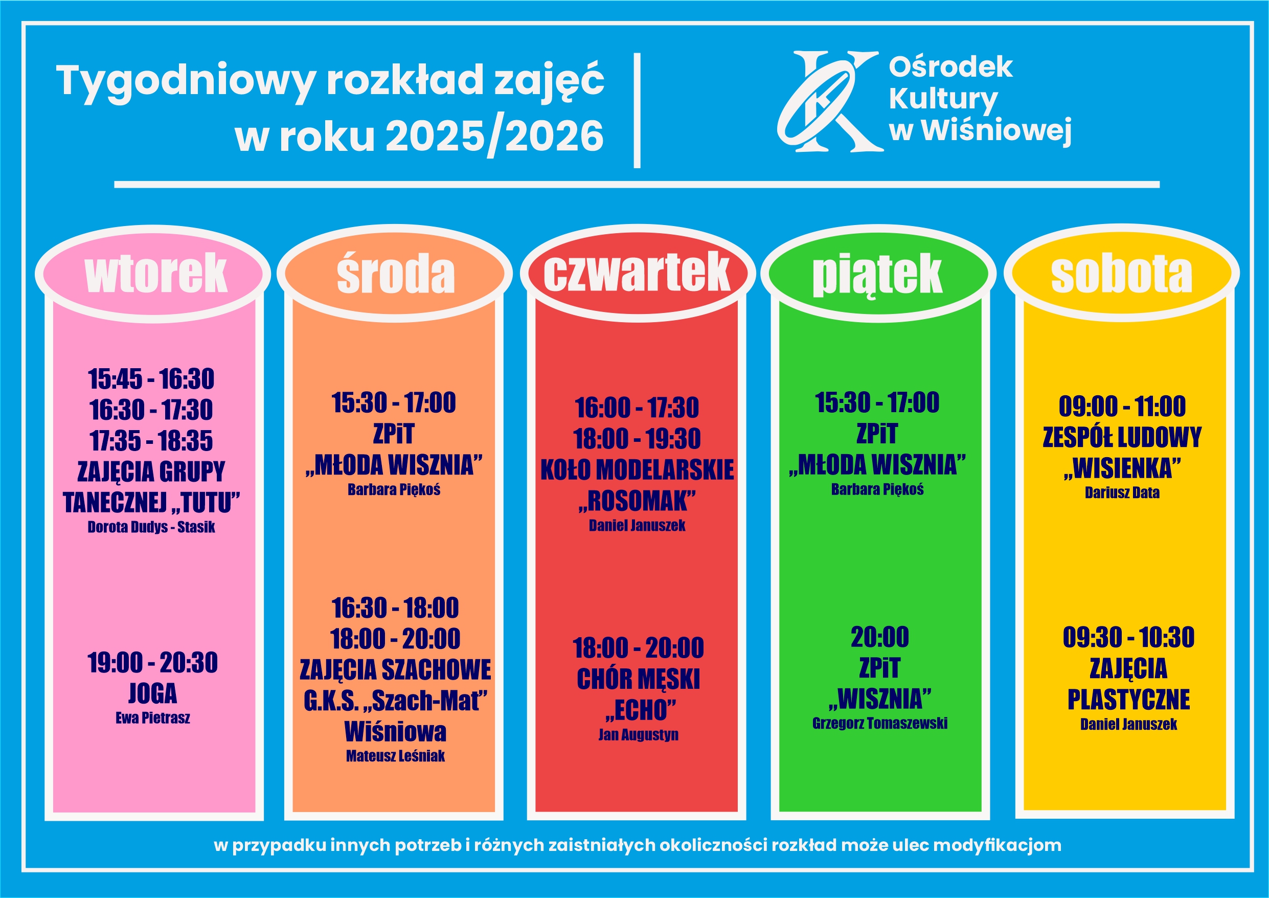 Tygodniowy rozkład zajęć w roku 2025/2026