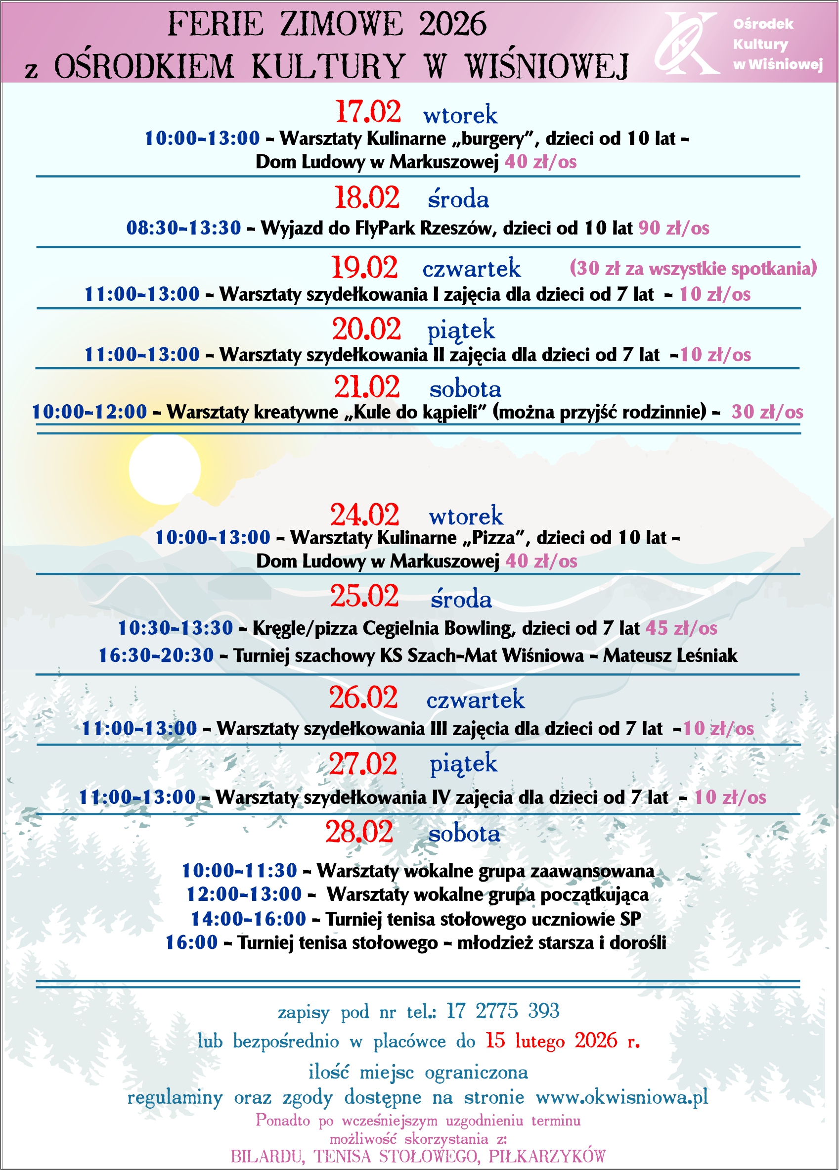 Ferie z Ośrodkiem Kultury w Wiśniowej 2026