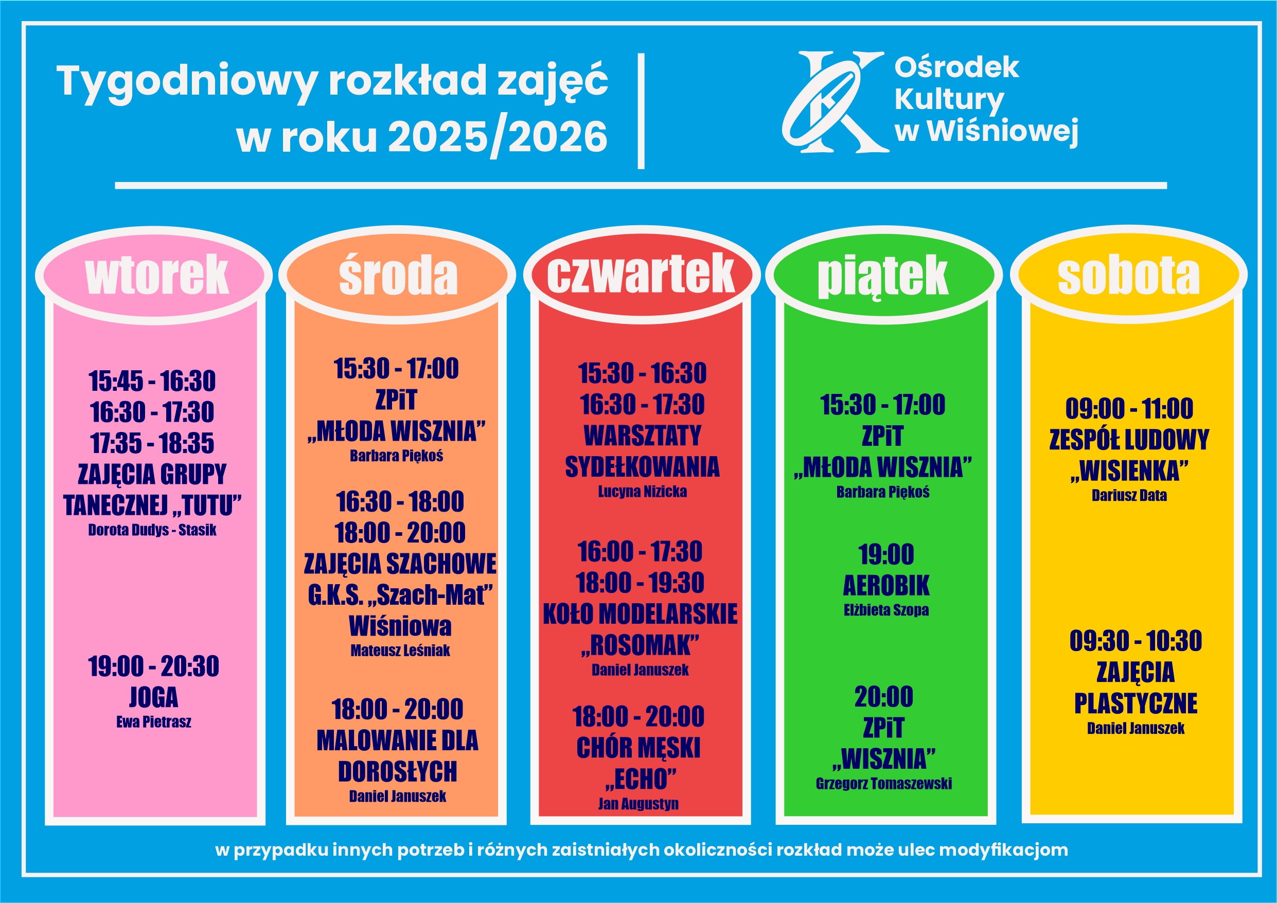 Tygodniowy rozkład zajęć w roku 2025/2026