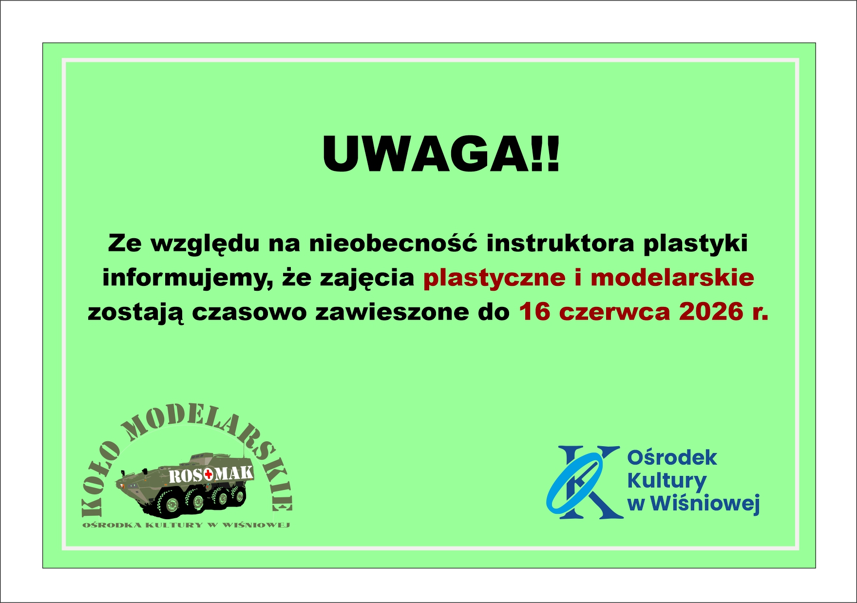 Zajęcia plastyczne i modelarskie – INFORMACJA